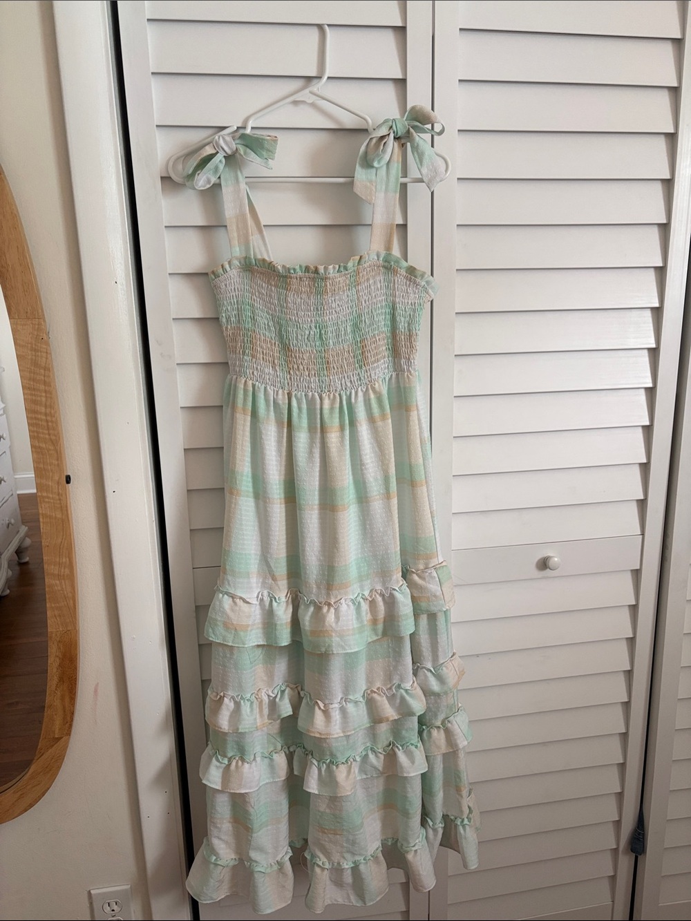 Moon River Mint & Cream Tiered Smocked Maxi Dress with Tie Straps